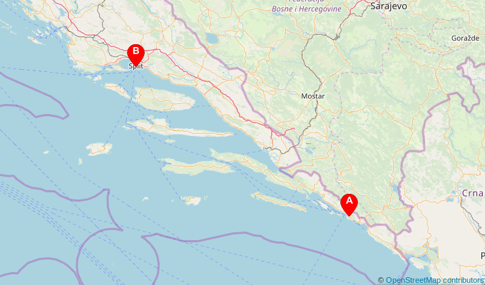Map of ferry route between Dubrovnik and Split
